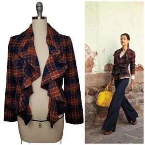 Anthropologie Tabitha Tartan Boucle Plaid Jacket Blazer Tie Ruffle 2 XS